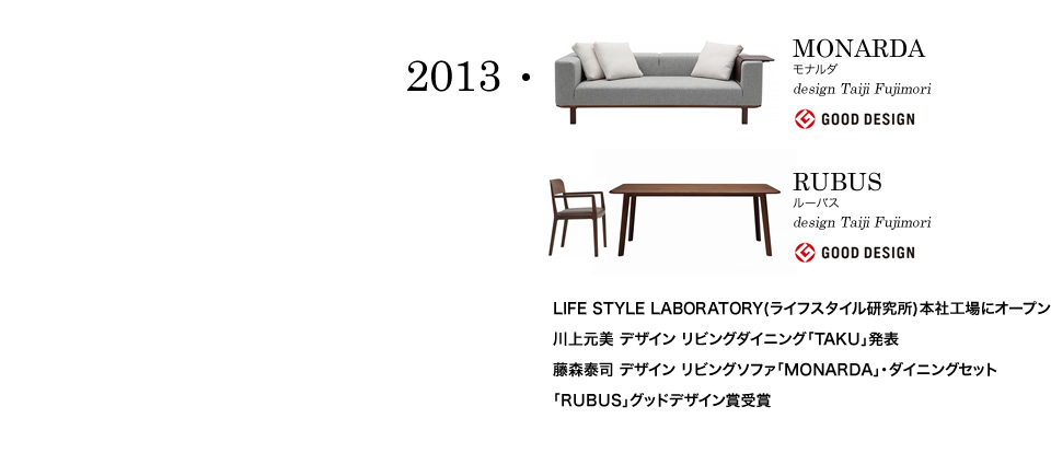 【2013】MONARDA モナルダ design Taiji Fujimori(GOOD DESIGN)/RUBUS ルーバス design Taiji Fujimori(GOOD DESIGN)LIFE STYLE LABORATORY(ライフスタイル研究所)本社工場にオープン 川上元美 デザイン リビングダイニング「TAKU」発表 藤森泰司 デザイン リビングソファ「MONARDA」・ダイニングセット 「RUBUS」グッドデザイン賞受賞